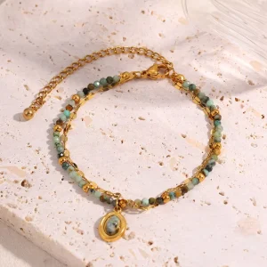 Srui Stainless Steel Beaded Bracelet European American 18K Gold Plated Waterproof Womens Fine Bracelet