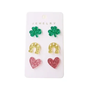 St Patricks Day Acrylic Shiny 3 piece Set Clover Studs Love Heart Horseshoe Lamp Earrings Set Hot selling Ear Jewelry