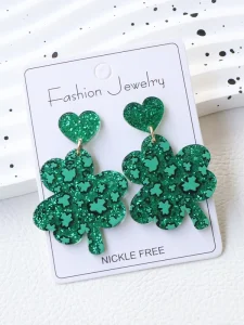 St Patrick’s Day Green Glitter Clover Earrings Dangle Ear Jewelry Nickle Free Festive Party Accessories Hot Selling for Women