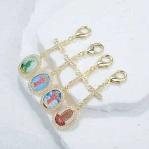St. Jude Virgin Mary Baby Jesus Custom Pattern 14k Gold Plated Cross DIY Pendant Charms for Necklace Keychain Bag Car