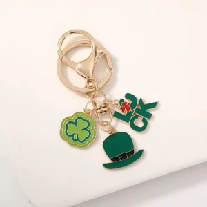 St. Patrick’s Day Keychain Lucky Clover Green Hat LUCK Letter Pendant Metal Charm for Bag Keys