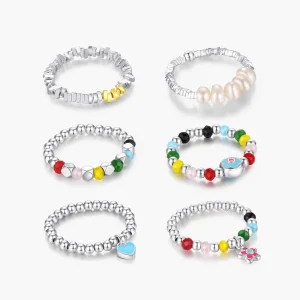 Stackable Fine Jewelry for Women 925 Sterling Silver Rainbow Colorful Crystal Beads Adjustable Finger Ring