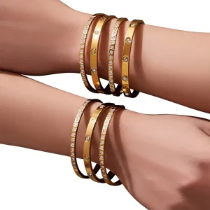 Stackable Gold Plated CZ Bangle Set Women’s Crystal Embedded Slim Bracelets for Daily Party Fashion Accessories