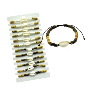 Stackable Handmade Woven Imitation Rhodium Plated Trendy Hawaiian Shell Bead and Shell Charm Bracelet Set for Men