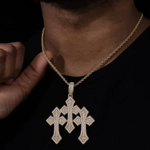 Stacked Three Cross Pendant Necklace 5A Baguette CZ Cluster Setting 18K Gold Plated Real Colgante De Cruz Triple Cross Pendant