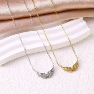 Stainless Steel 18K Gold Angel Wings Pendant Necklace with Link Chain Trendy Fashion Niche Necklace for Women