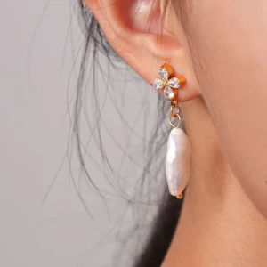 Stainless Steel 18K Gold Drop Earrings Natural Irregular Freshwater Pearl CZ Flower Dangle Hypoallergenic Jewelry for Women