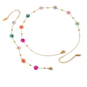 Stainless Steel 18K Gold Plated Bead Chain Sunflower 5 Flower Charm Women’s Bracelet Necklace