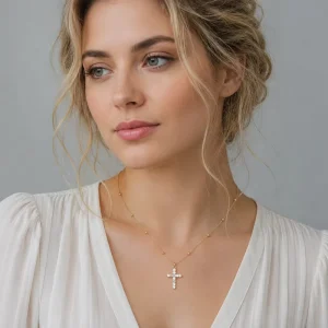 Stainless Steel 18K Gold Plated CZ Cross Pendant Necklace Bead Chain Necklace for Women Men