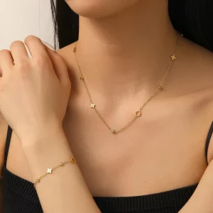 Stainless Steel 18K Gold Plated Colored Zircon Hollow Four-leaf Flower Bracelet Necklace Sets for Women