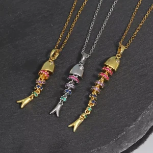 Stainless Steel 18K Gold Plated Colorful CZ Moving Fish Pendant Necklace for Women Ocean Animal Jewelry