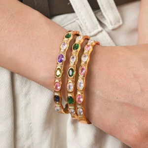 Stainless Steel 18K Gold Plated Colorful Geometric Bangle Womens Fashion Jewelry
