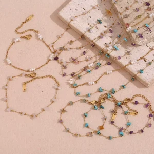 Stainless Steel 18K Gold Plated Colorful Natural Stone Turquoise Bracelet Necklace Set