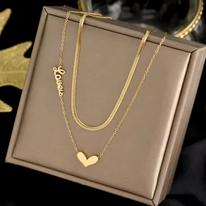 Stainless Steel 18K Gold Plated Double Layer Heart Love Necklace Women’s Collarbone Chain Jewelry Fashionable Layered Necklace