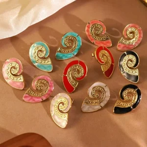 Stainless Steel 18K Gold Plated Enamel Conch Spiral Shell Earrings Crystal Rhinestone Cute Ocean Style Women Stud Ear Jewelry