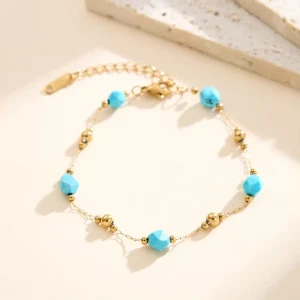 Stainless Steel 18K Gold Plated Faceted Turquoise Bead Gold Ball Spacer Dainty Chain Bracelet Fashion Jewelry for Women