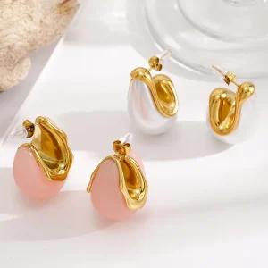 Stainless Steel 18K Gold Plated Geometric Pearl Enamel Earrings Tarnish Resistant Women’s Fashion Gift for Party