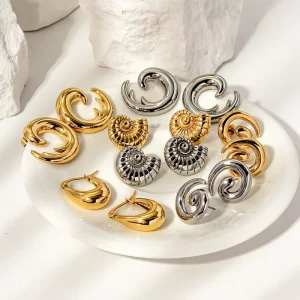 Stainless Steel 18K Gold Plated Geometric Spiral Conch Earrings for Women