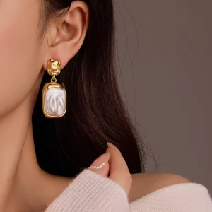 Stainless Steel 18K Gold Plated Geometric Square Pearl Earrings for Women’s Fashion Jewelry Gift