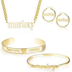 Stainless Steel 18K Gold Plated Initial Letter Name Earrings Bangle Bracelet Necklace Jewelry Set