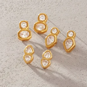 Stainless Steel 18K Gold Plated Mixed Cut CZ Drop Earrings Geometric Double Stone Dangle Earrings Set for Women Fashion Jewelry