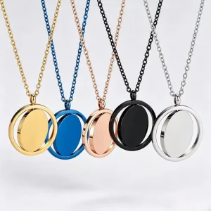 Stainless Steel 18K Gold Plated Rotatable Blank Pendant Necklace Laser Engravable Personalized Custom Jewelry Gift