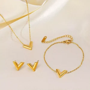Stainless Steel 18K Gold V-Shape Pendant Necklace, Rings, Earrings and Bracelet Set for Women