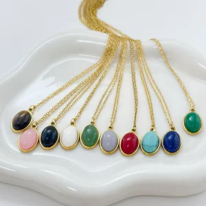Stainless Steel 18K PVD Gold Plated Oval Natural Stone Pendant Necklace Waterproof Hypoallergenic Gemstone Jewelry for Women