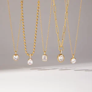 Stainless Steel 18K Real Gold Plated Geometric Shape Love Heart Oval Round Clear Cubic Zircon Pendant Necklace