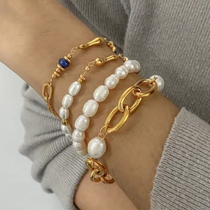 Stainless Steel 18k Gold Plated Bracelet Waterproof Pearl Beads Bracelet Earring Fashion Set Jewelry for Women