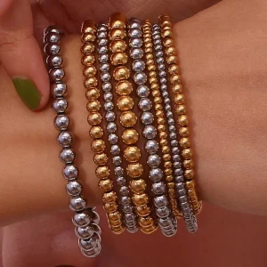 Stainless Steel 18k Gold Plated Chain & Link Beaded Bracelets 3mm-6mm Handmade Women’s