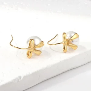 Stainless Steel 18k Gold Plated Jewelry Earrings White Imitation Pearl Earrings Cute Bow Pearl Stud Earrings
