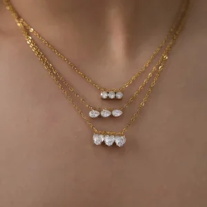 Stainless Steel 3 Layer Mixed Cut CZ Necklace Set 18K Gold Plated Round Pear Heart CZ Statement Necklaces Fashion Jewelry