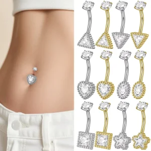 Stainless Steel 316L Heart Shape Zircon Belly Piercing Navel Ring 6mm Electroplated Body Jewelry for Daily Wear