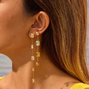 Stainless Steel Asymmetric Long Drop Earrings with Colored Cubic Zirconia for Women Fashion Jewelry Gift