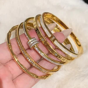 Stainless Steel Bangles 18K Gold Plated Clasp Bracelets Hypoallergenic Women’s Fashion Jewelry