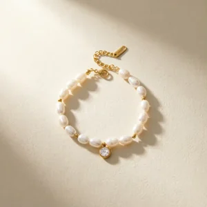 Stainless Steel Baroque Pearl Beaded Bracelet 18K Gold Plated Freshwater Pearl CZ Pendant Statement Bracelet Fashion Jewelry