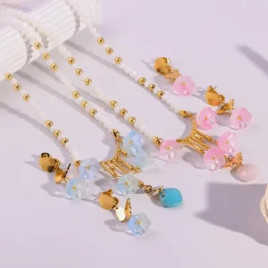 Stainless Steel Beaded Jewelry Set Women 18k Gold Plated Pink Blue Resin Flower Pendant Necklace Earrings