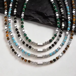 Stainless Steel Beaded Necklace Men Mixed Stone Malachite Tiger Eye Turquoise Multi element Integration Design Beaded Chain