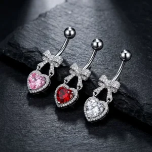 Stainless Steel Belly Button Ring Micro inlaid Zircon Bowknot Heart Navel Piercing Body Jewelry