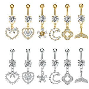 Stainless Steel Belly Button Ring Zircon Peach Heart Moon Flower Tail Body Jewelry