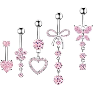 Stainless Steel Belly Button Rings 5pcs Set Dangle Floating Navel Rings Heart Bow Flowers Shape Helix Piercing Earring