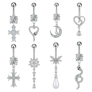 Stainless Steel Belly Button Rings with Pearl Water Drop Moon Heart Zircon Inlay Body Jewelry