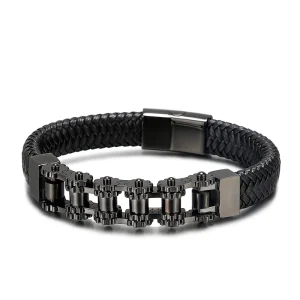 Stainless Steel Bikecle Splice Cowhide Weave Bracelet Men