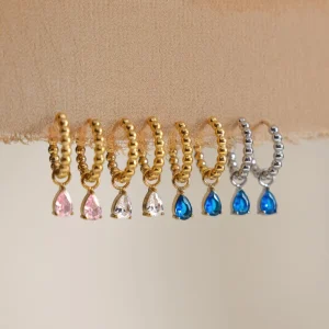 Stainless Steel Blue Teardrop Zircon Hoop Earrings Waterproof Beaded Jewelry for Women