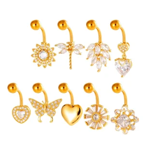 Stainless Steel Body Jewelry Gold Plated Heart Shaped Butterfly Belly Button Ring Zircon Navel Piercing for Women and Men