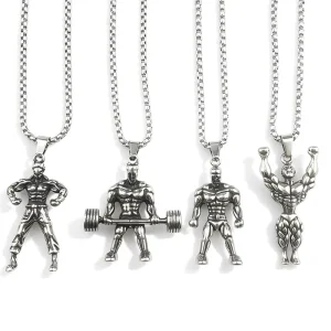 Stainless Steel Bodybuilder Pendant Necklace for Men Retro Gym Barbell Jewelry Ideal for Layering Wear Biker Gift