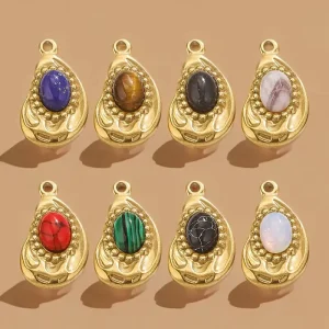 Stainless Steel Bohemian Style Pendant Natural Stones Irregularly Shaped Oval Charms Handmade DIY Charm for Jewelry Making