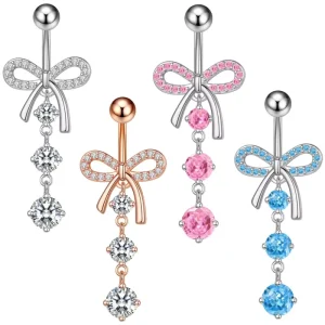 Stainless Steel Bowknot Belly Button Rings Zircon Body Jewelry for Women’s Navel Dangle Party Wedding Gift Titanium Plated