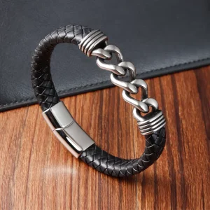 Stainless Steel Bracelet Chain Men’s Leather Woven Handmade Multi-layer Genuine L20212